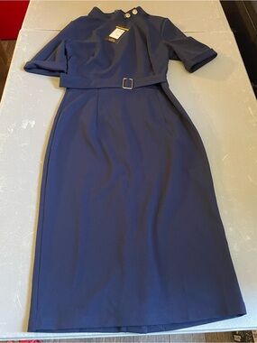 Miusol Navy Midi Dress with Belt and Button Accents